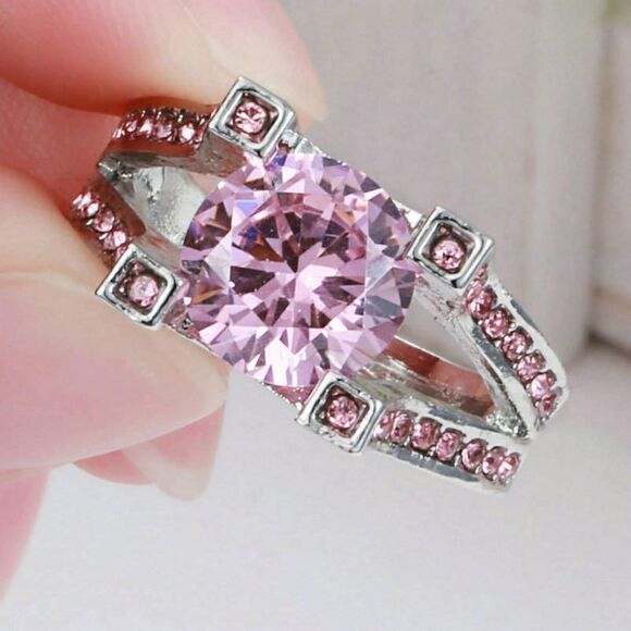 Pink Sapphire Crystal White Rhodium Plated Ring - Picture 1 of 2